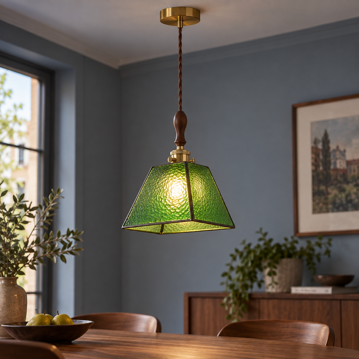 Green textured stained-glass pendant, centred illuminated commercial view