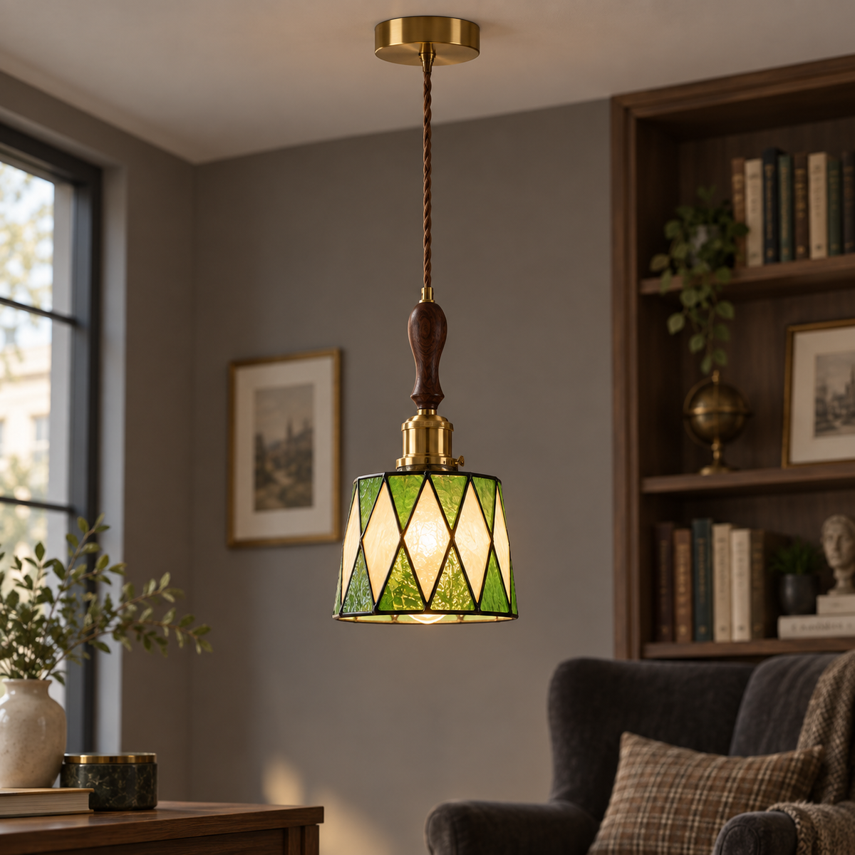 Green and ivory diamonds stained-glass pendant, centred illuminated commercial view