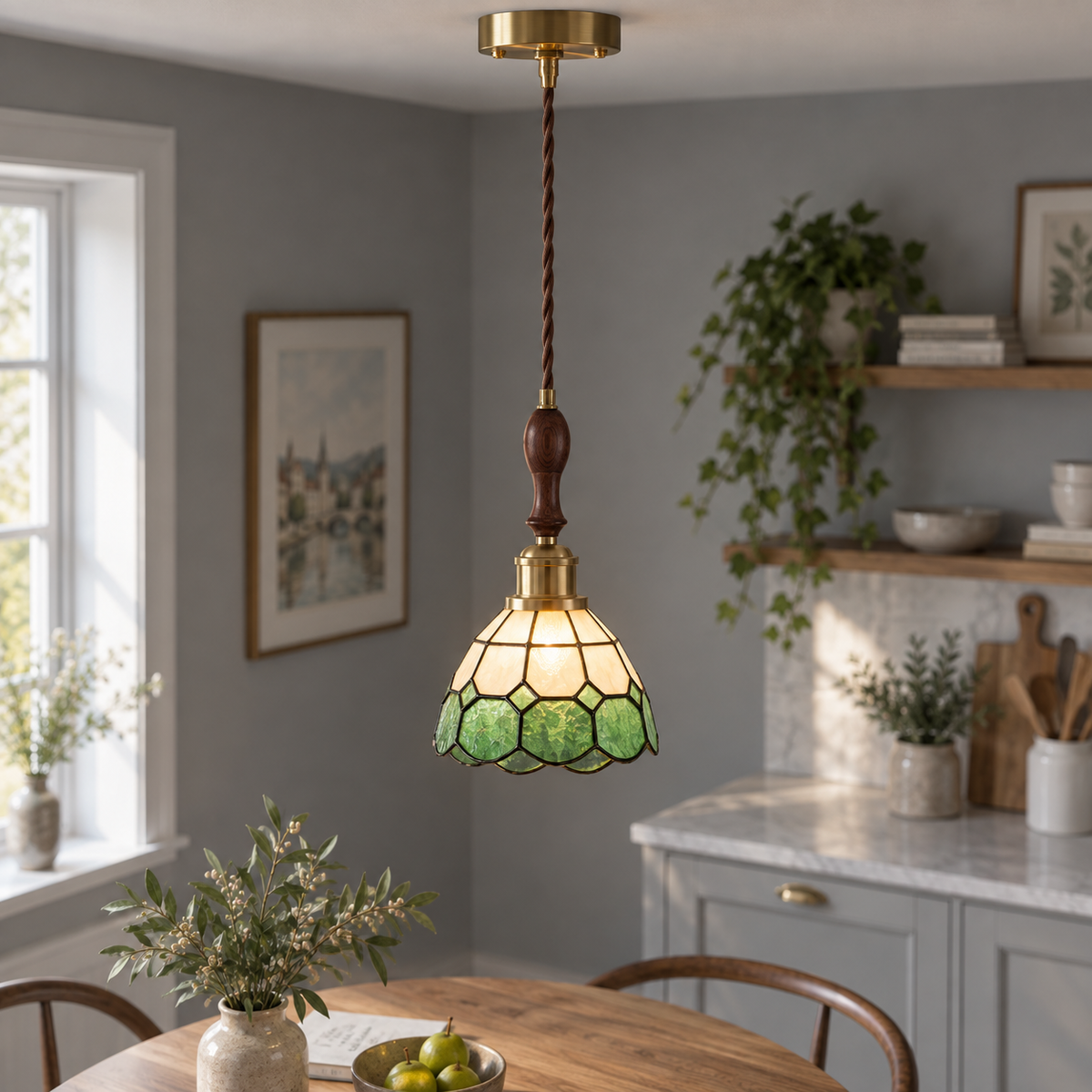 Green and ivory panels stained-glass pendant, centred illuminated commercial view