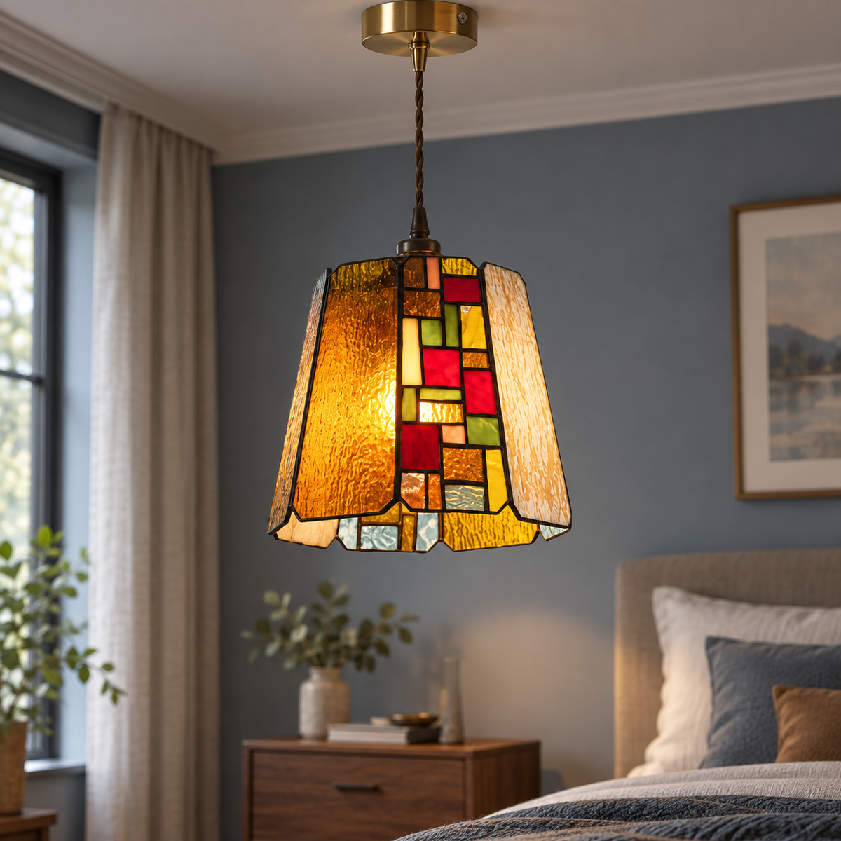 Amber multicolour mosaic stained-glass pendant, centred illuminated commercial view