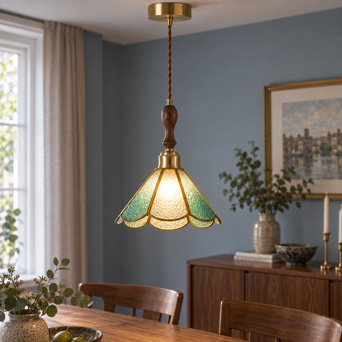 Ivory with green trim stained-glass pendant, centred illuminated commercial view