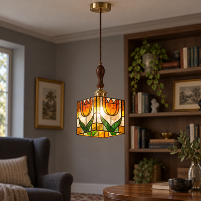 Multicolour floral stained-glass pendant, centred illuminated commercial view