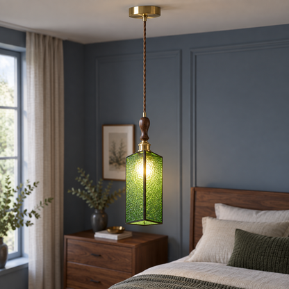 Green textured cylinder stained-glass pendant, centred illuminated commercial view