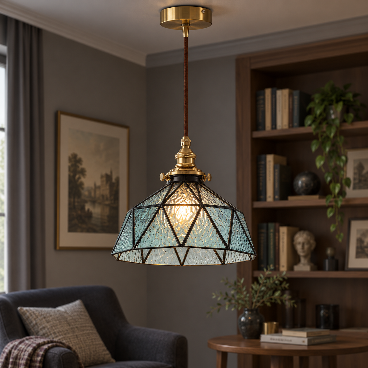 Blue geometric stained-glass pendant, centred illuminated commercial view