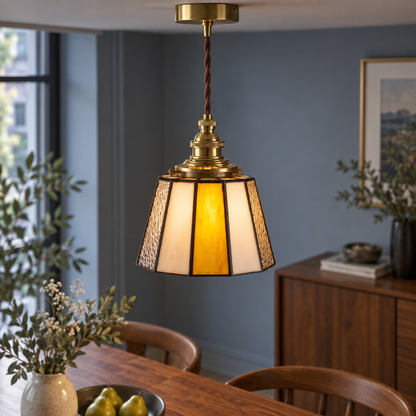 Amber and cream panels stained-glass pendant, centred illuminated commercial view