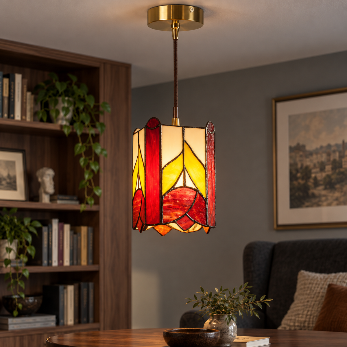 Red and yellow floral stained-glass pendant, centred illuminated commercial view