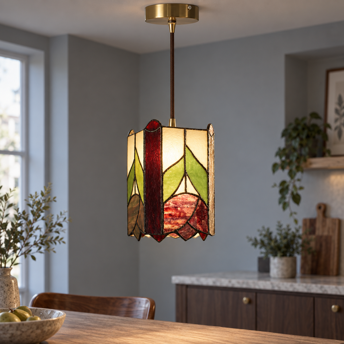 Red and green floral stained-glass pendant, centred illuminated commercial view