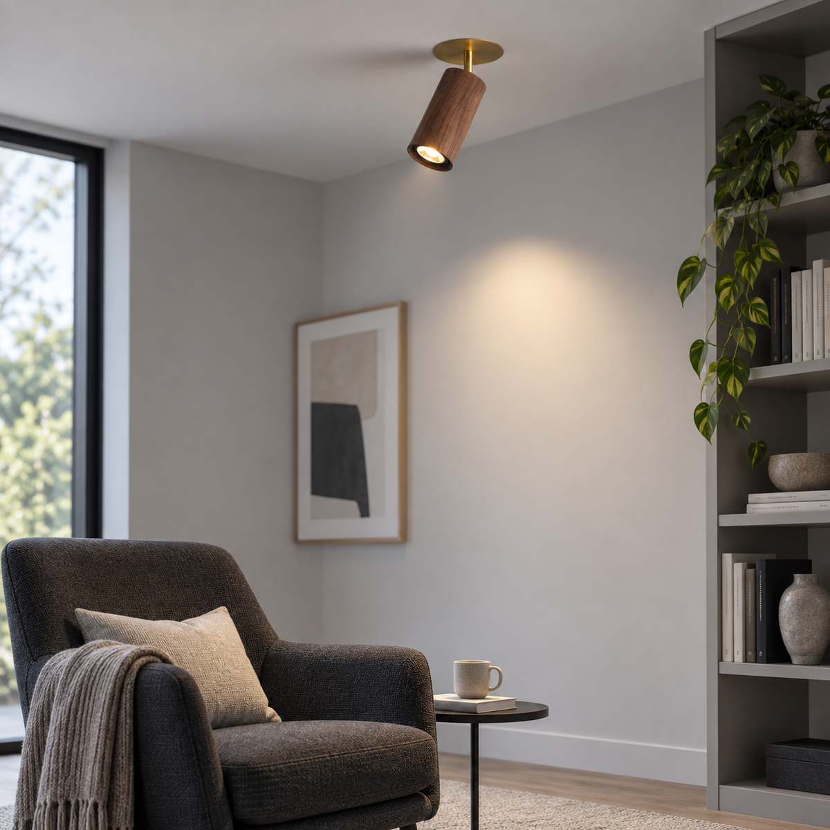 Wooden cylinder ceiling spotlight installed in a modern room, side view