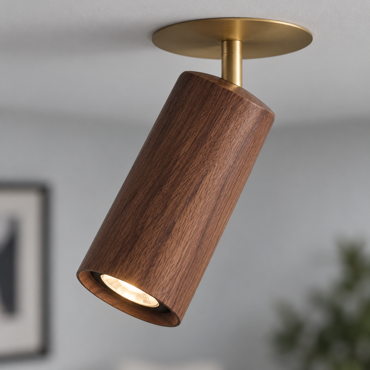 Close-up of the walnut cylinder and brass ceiling fitting