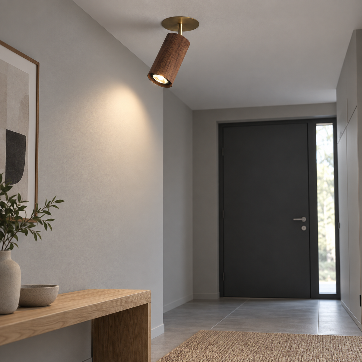 Underside view of the wooden ceiling spotlight installed above a hallway