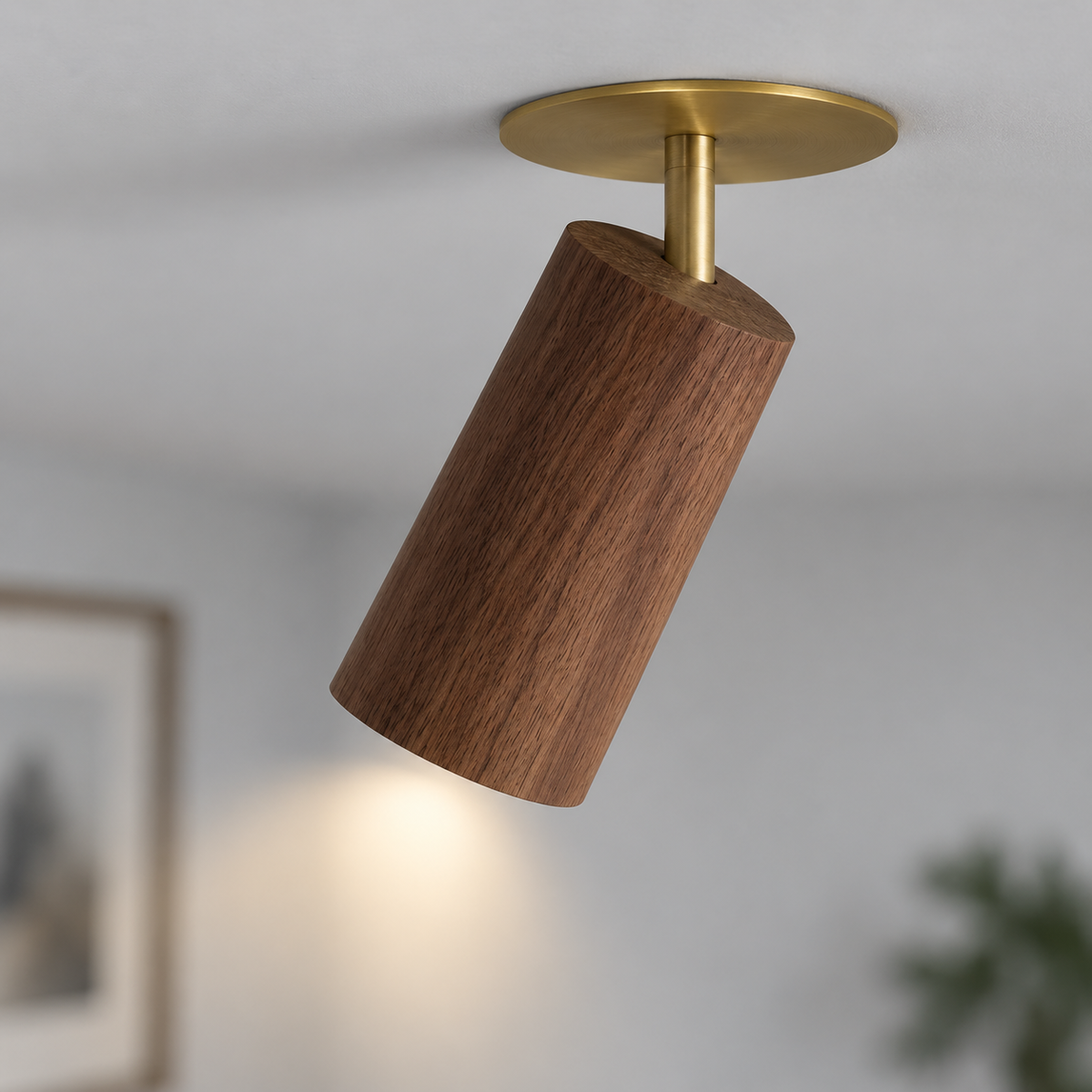 Elevated side view of the wooden cylinder ceiling spotlight