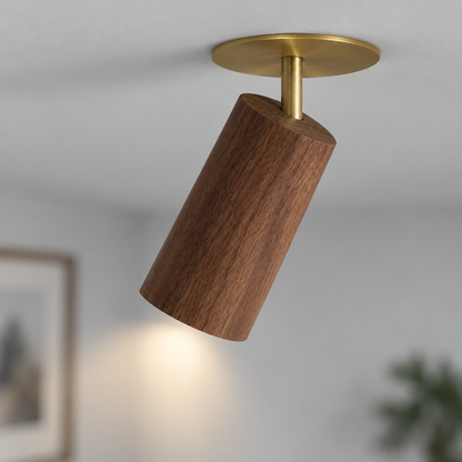 Elevated side view of the wooden cylinder ceiling spotlight