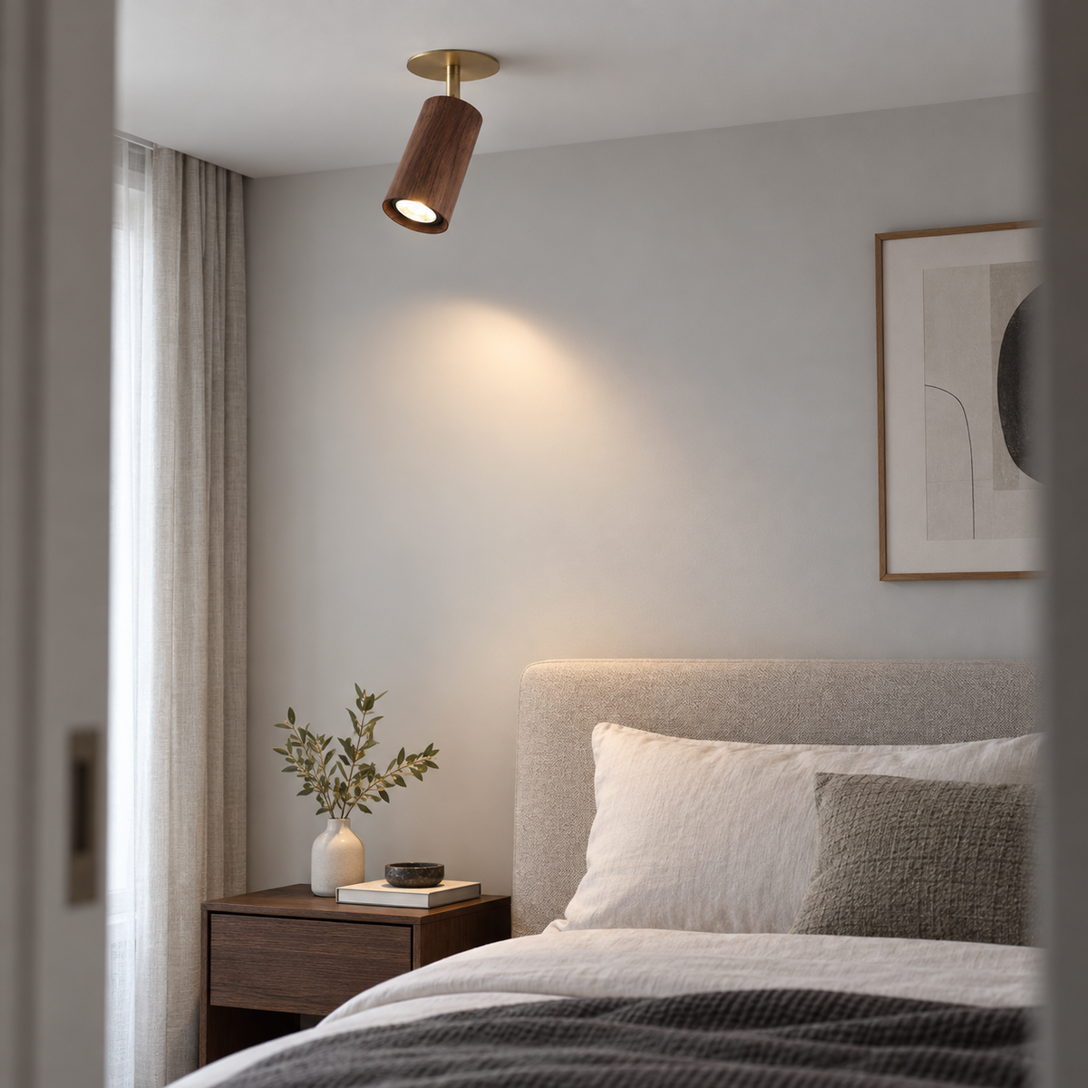 Wooden ceiling spotlight in a neutral modern bedroom