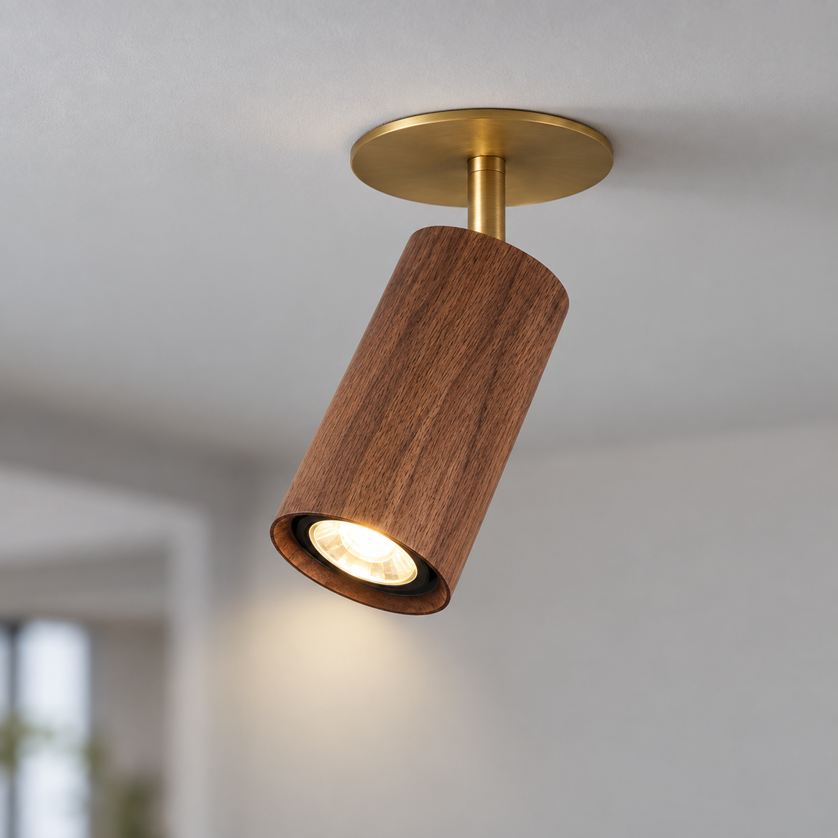 Walnut ceiling spotlight with a slim brass canopy