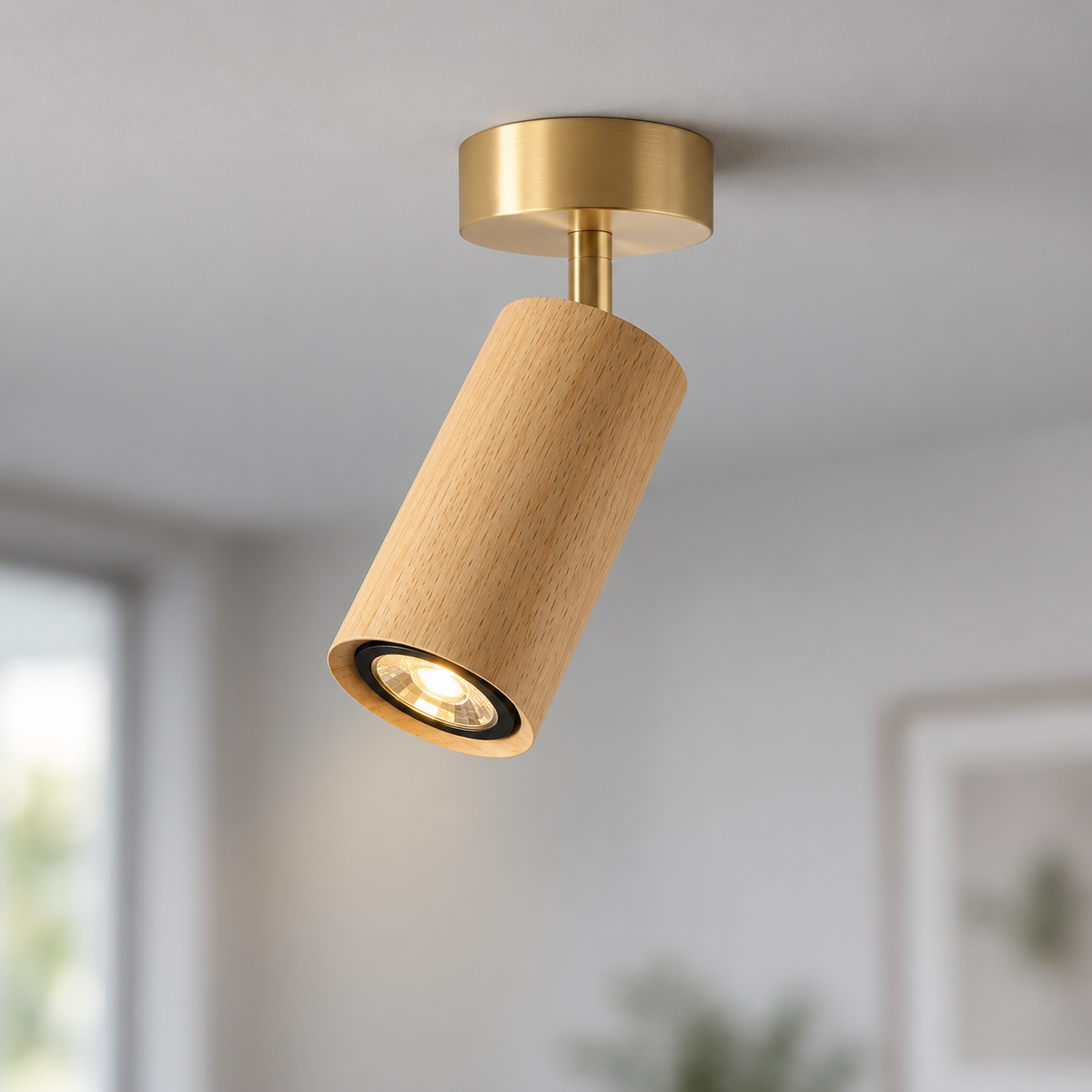 Light wood ceiling spotlight with a raised brass canopy