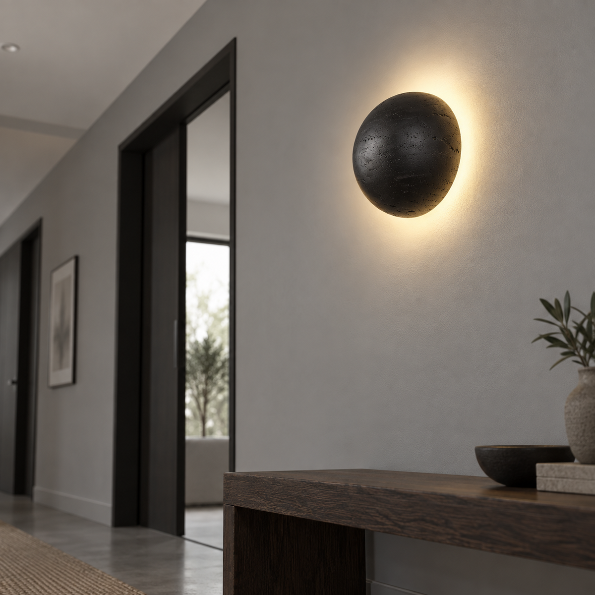 black stone dome wall light — low underside angle in a hallway