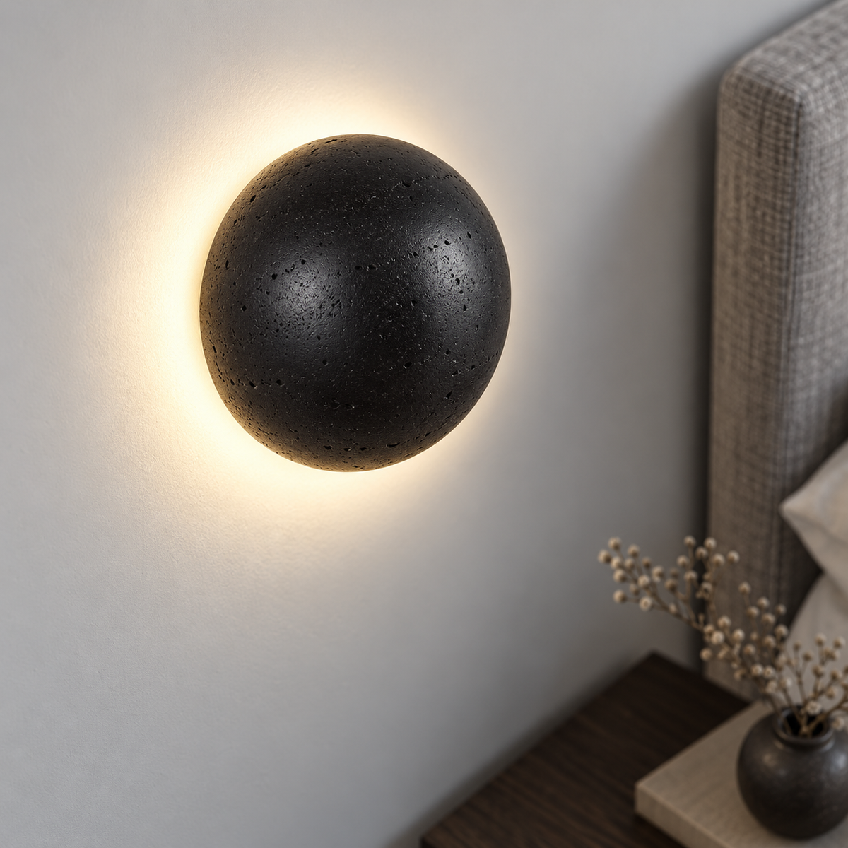 black stone dome wall light — elevated view while wall mounted