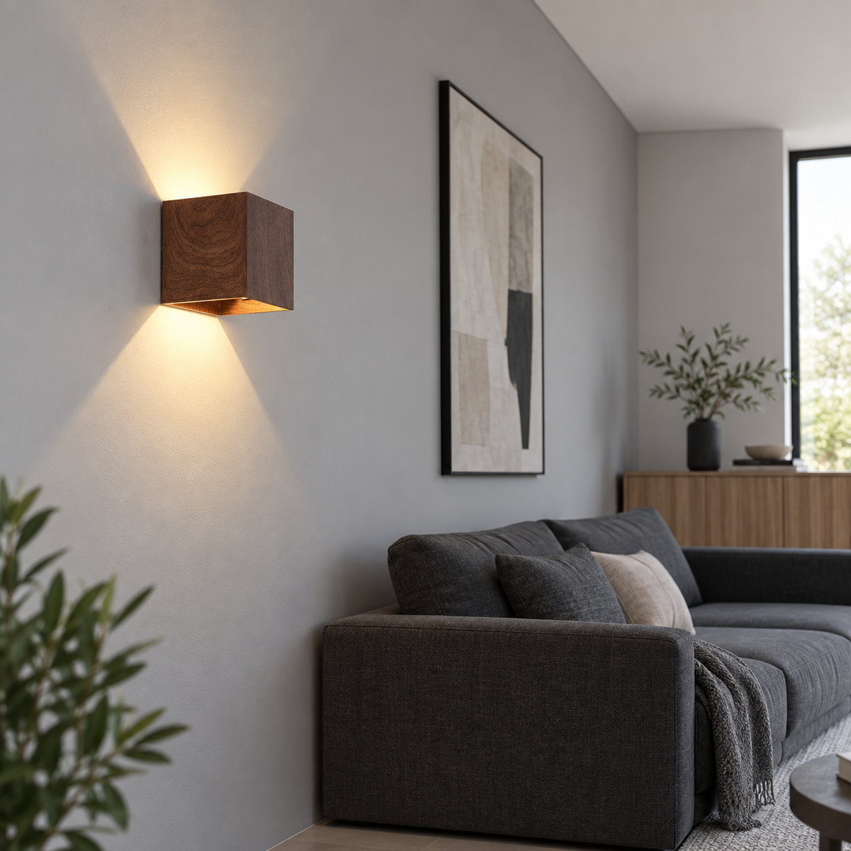 wood effect up and down wall light — side view installed in a complete room