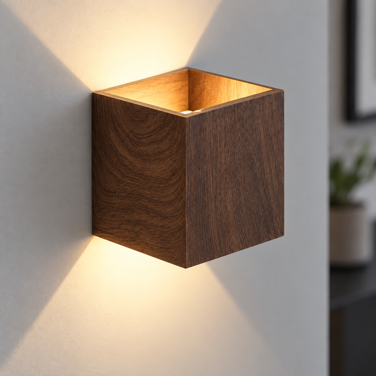 wood effect up and down wall light — close-up of the material and edge