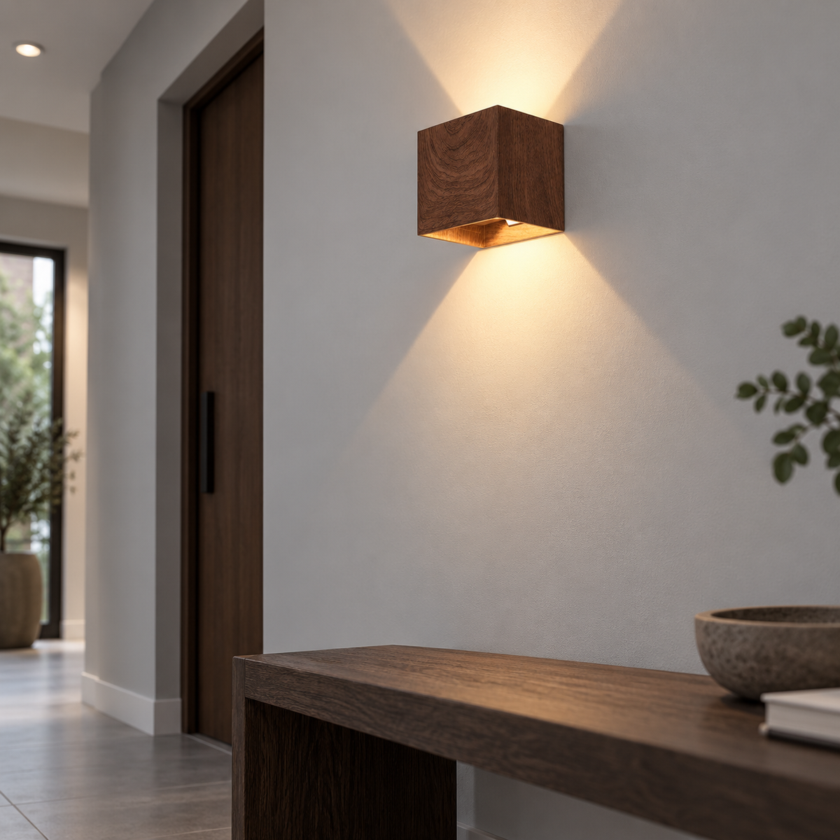 wood effect up and down wall light — low underside angle in a hallway