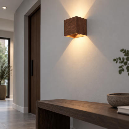 wood effect up and down wall light — low underside angle in a hallway