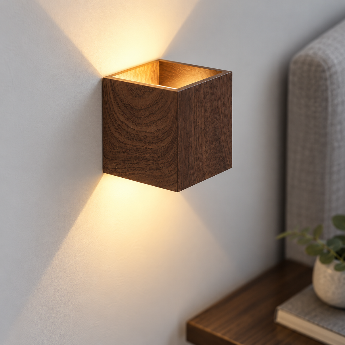 wood effect up and down wall light — elevated view while wall mounted