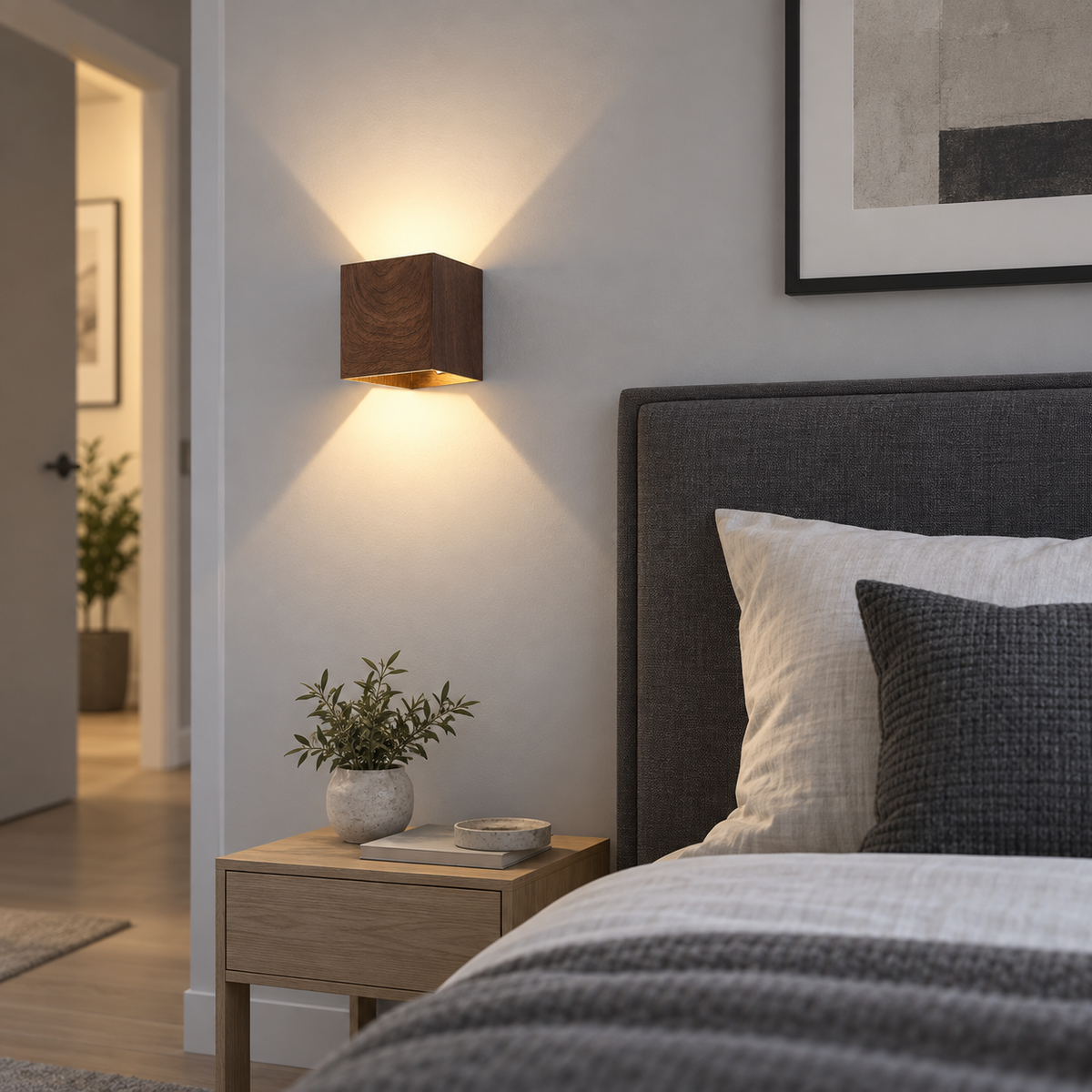wood effect up and down wall light — front view installed in a modern room
