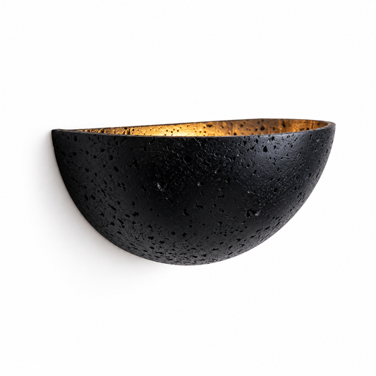 Black stone half-moon wall light on a pure white background