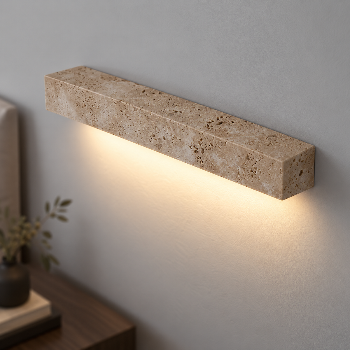 Elevated view of a horizontal travertine wall light