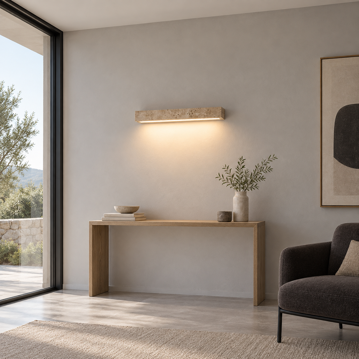 Slim travertine wall light above a console in a minimalist living room
