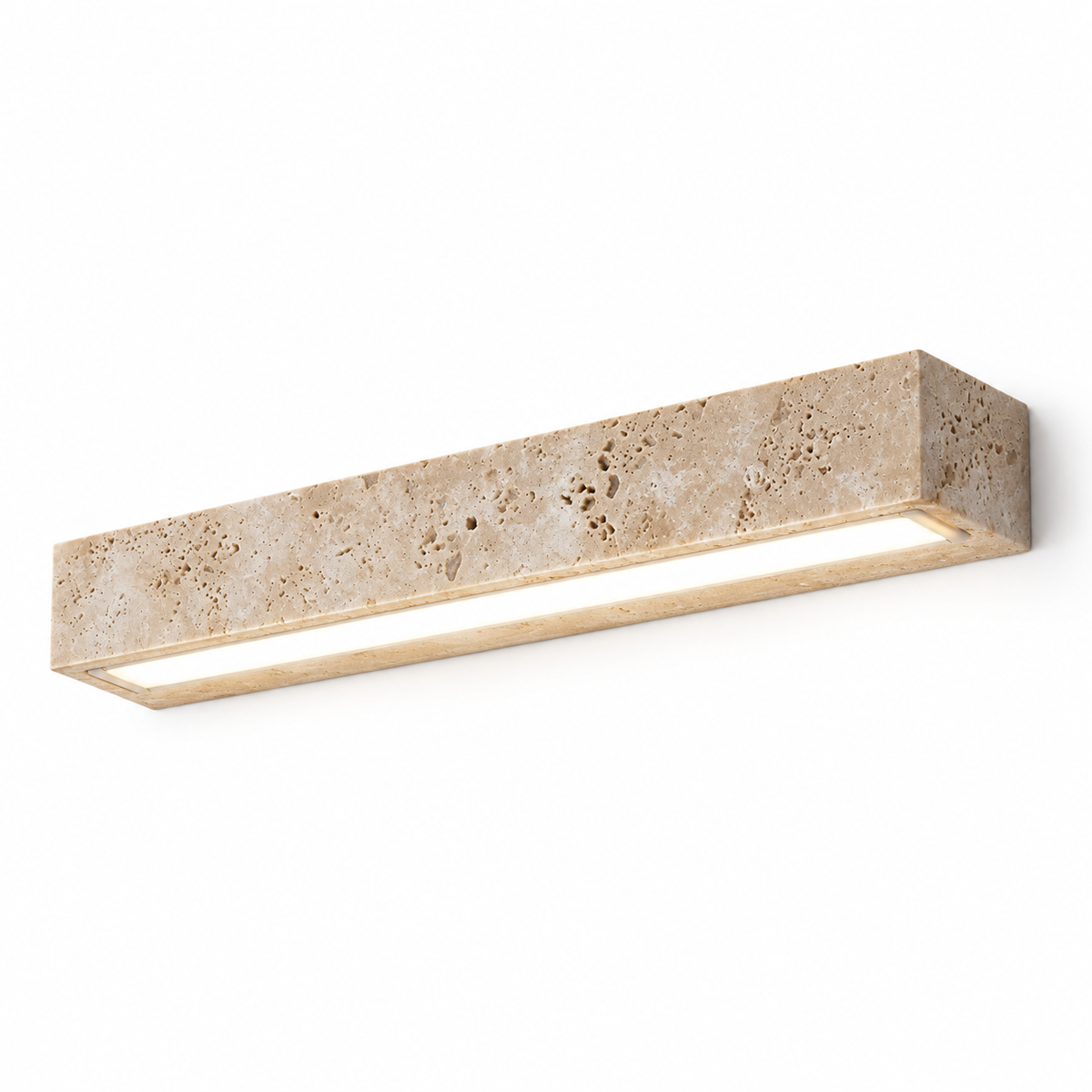 Slim travertine wall light on a pure white background
