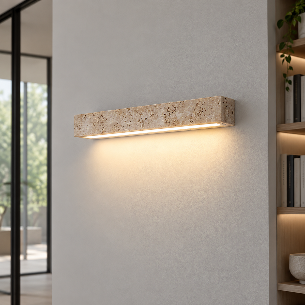 Commercial view of the beige travertine wall light switched on