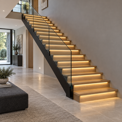 Warm white COB LED strips installed under oak stair treads, side far installed