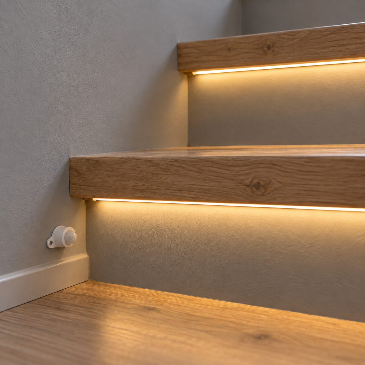 Warm white COB LED strips installed under oak stair treads with rounded PIR motion sensor