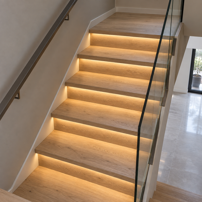 Warm white COB LED stair strip lighting, above mid-distance