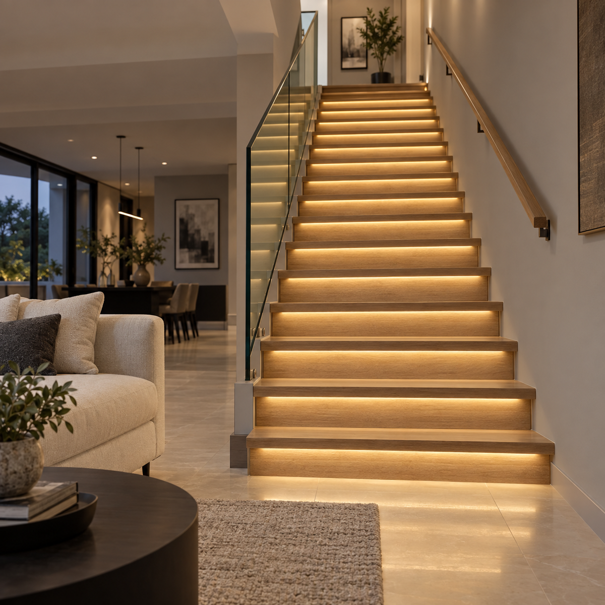 Warm white COB LED stair strip lighting, front side far installed