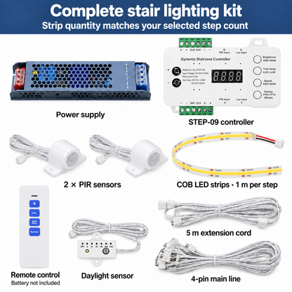 Complete stair lighting kit with STEP-09 controller, power supply, PIR sensors, COB LED strips, remote and connection wiring