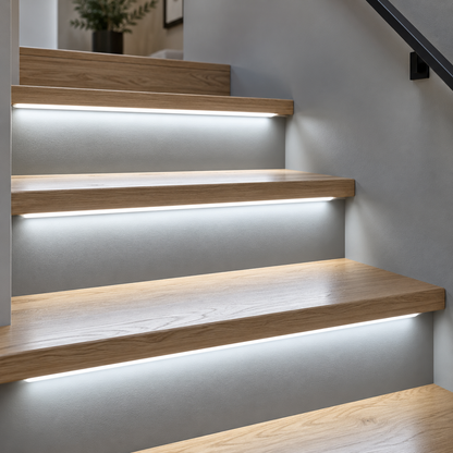 Cold light (6000K) COB LED stair strips installed under oak treads