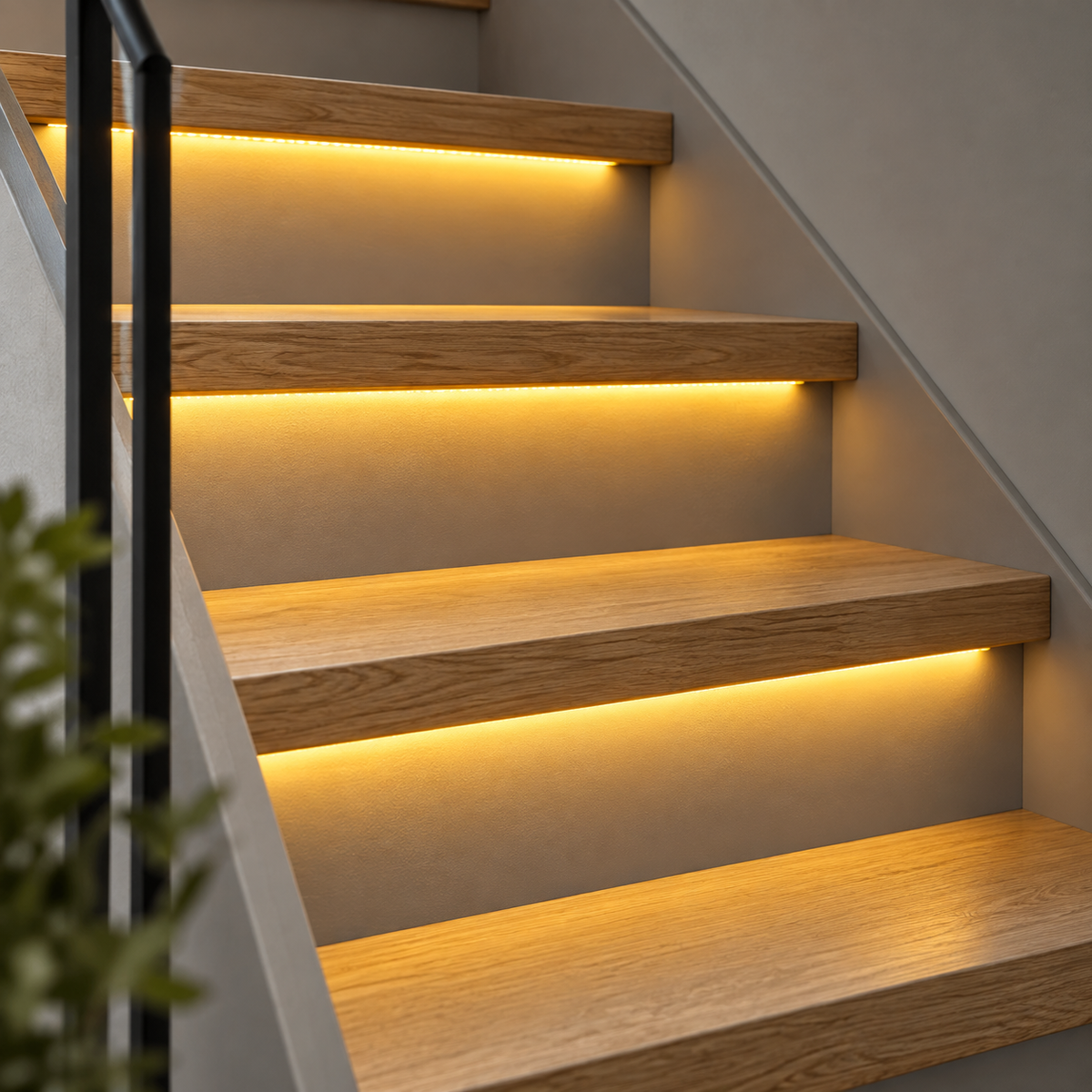 Golden yellow COB LED stair strips installed under oak treads