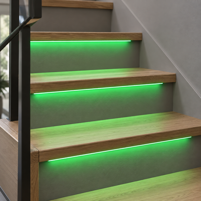 Green COB LED stair strips installed under oak treads