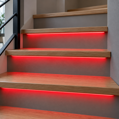 Red COB LED stair strips installed under oak treads