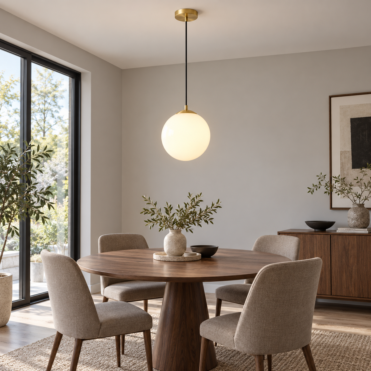 White glass globe pendant with adjustable cord and gold fittings above a dining table, side view