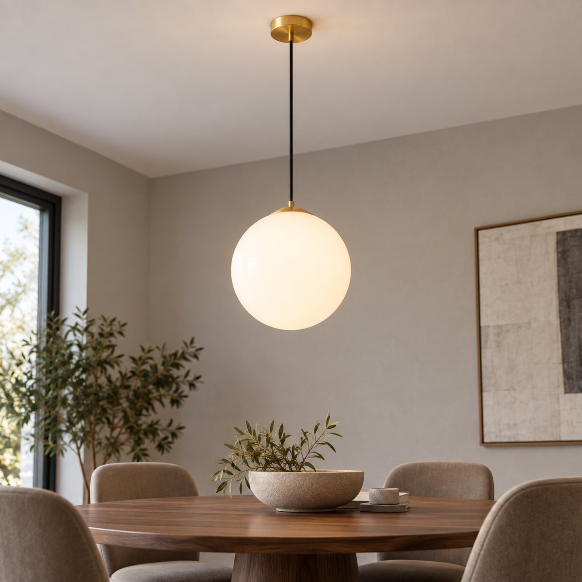 White glass globe pendant with gold fittings, low dining room view showing ceiling installation
