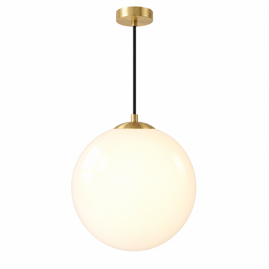White glass globe pendant with adjustable cord and gold fittings on pure white background