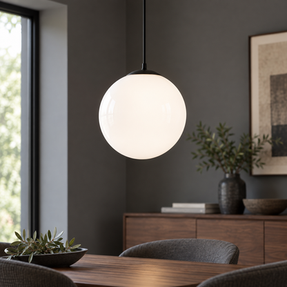 White glass globe pendant with adjustable cord, black fitting option, 35 cm diameter