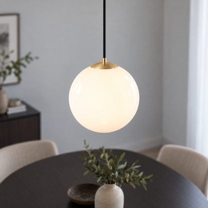 White glass globe pendant with adjustable cord, gold fitting option, 35 cm diameter
