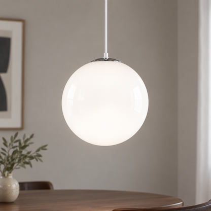 White glass globe pendant with adjustable cord, silver fitting option, 35 cm diameter