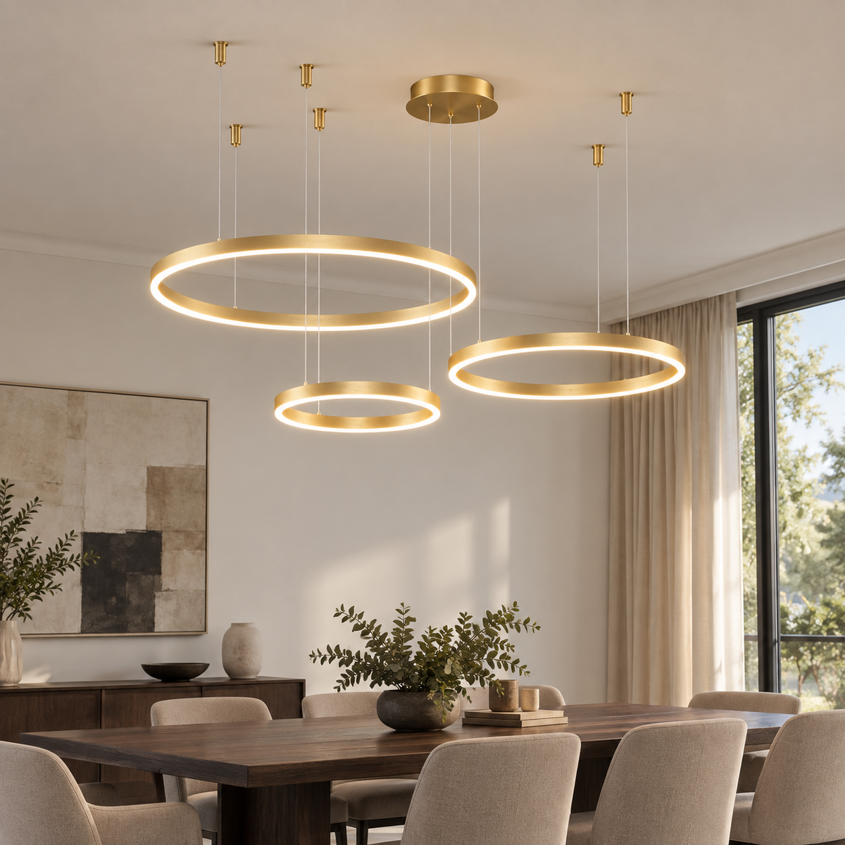 Gold three-ring LED chandelier with 80, 60 and 40 cm rings, side view installed above a dining table