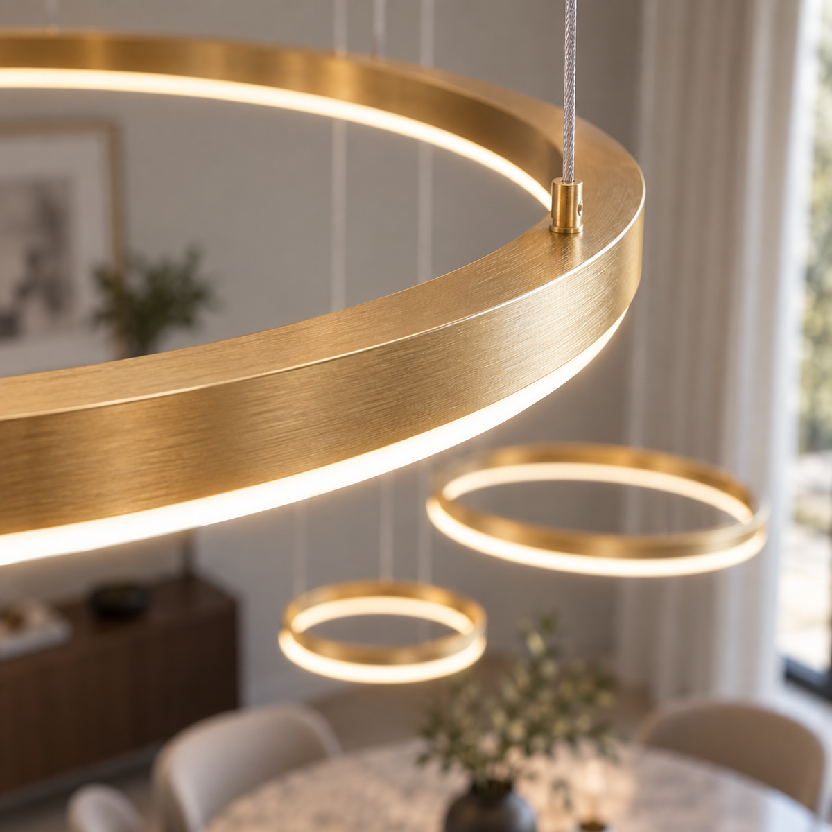 Gold suspended three-ring LED chandelier, detail closeup