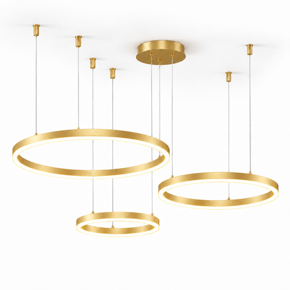 Gold three-ring LED chandelier with 80, 60 and 40 cm rings, white background catalogue view